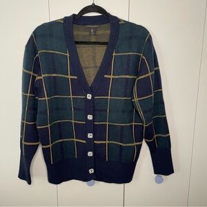Tahari Plaid long sleeve vneck heavy Cardigan with Crystal Buttons M blue green